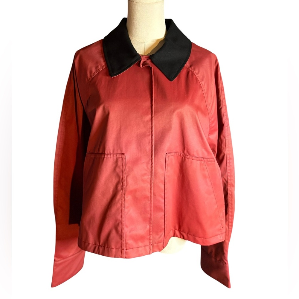 ZARA NWT Waxed Red Barn Jacket With Contrasting Black Collar in Sz XL - Picture 5 of 11